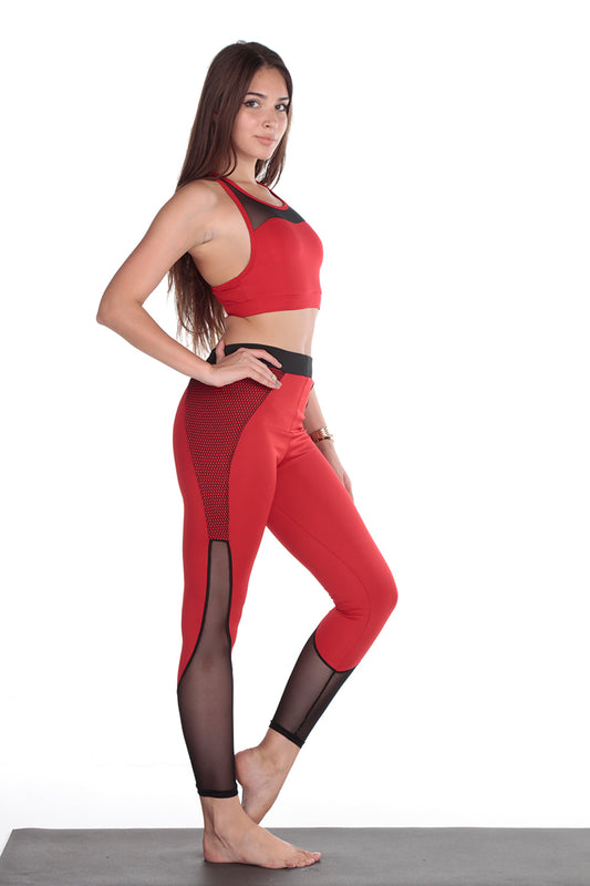 Hex Design Red With Mesh Active Yoga Pants